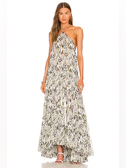 Misa Andromeda Ikat Print Open Back High Low Halter Chiffon Dress Sz.Xs